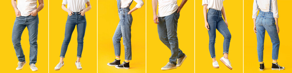 Collage of young man and woman in stylish jeans pants on yellow background - obrazy, fototapety, plakaty
