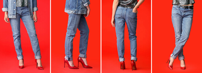 Collage of young woman in stylish jeans clothes and high-heels on red background