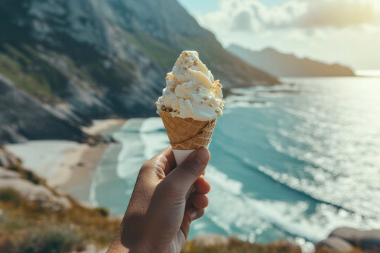 Ice cream with a view, a scenic image featuring a person enjoying ice cream with a picturesque backdrop, such as a beach or mountain.