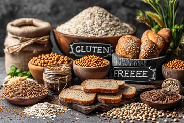 Bread with various ingredients and the inscription "gluten free". Background with text. Concept: organic and natural product, food with substitutes. Banner

