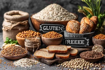 Foto auf Acrylglas Brot Bread with various ingredients and the inscription "gluten free". Background with text. Concept: organic and natural product, food with substitutes. Banner 