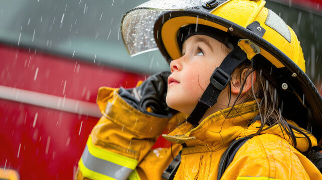 Little girl is pictured wearing fireman's helmet in rain. This image can be used to depict bravery, protection, and importance of safety in challenging situations.