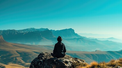 person sitting on a rock, observing a distant mountain range under a clear blue sky generative ai