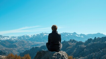 person sitting on a rock, observing a distant mountain range under a clear blue sky generative ai