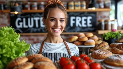 A girl saleswoman in an apron stands in front of a counter with gluten-free products, against the background of a sign with the inscription "GLUTEN FREE" and fresh vegetables and baked goods in the fo