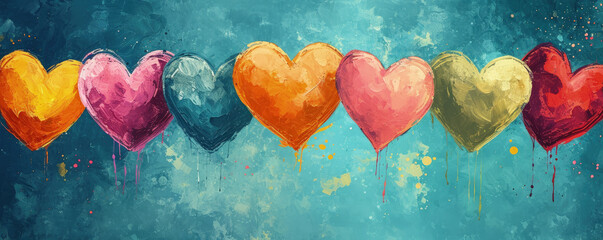 pintura de un grupo de corazones de diferentes colores, sobre fondo de pared azul  - obrazy, fototapety, plakaty