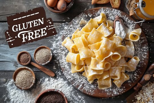 Pasta with spices and the inscription "gluten free". Background with text. Concept: organic and natural product, food with substitutes. Banner
