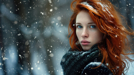 Woman with red hair standing in snow. This image can be used to depict winter, cold weather, or solitude.