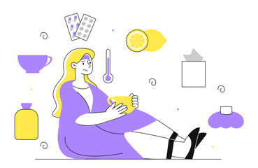 Sick woman with flu vector linear
