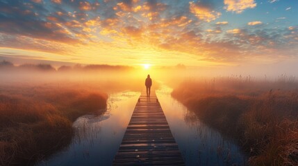 person standing on a boardwalk, admiring the sunrise over a misty marshland generative ai - obrazy, fototapety, plakaty