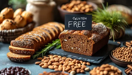 Deurstickers Bread with various ingredients and the inscription "gluten free". Background with text. Concept: organic and natural product, food with substitutes. Banner  © Marynkka_muis