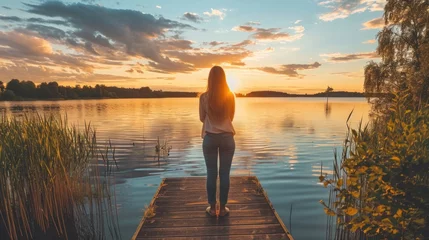  woman standing on a boardwalk, enjoying a peaceful lakeside sunset generative ai © ThisDesign