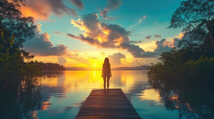 woman standing on a boardwalk, enjoying a peaceful lakeside sunset generative ai