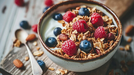 Delicious bowl of yogurt topped with fresh berries and crunchy granola. Perfect for healthy breakfast or snack. - Powered by Adobe