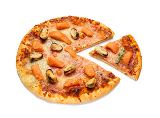 Tasty seafood pizza isolated on white background