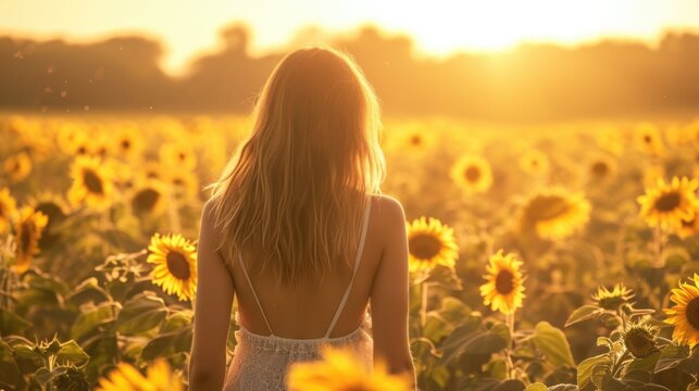 Back view of a woman walking through a sunflower field, bathed in the golden light of the setting sun generative ai