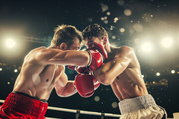 Strong muscular athletic boxers fight in the ring at an international match. - obrazy, fototapety, plakaty
