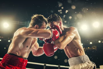 Fotobehang Strong muscular athletic boxers fight in the ring at an international match. © alisluch