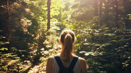 Back view of a woman with a ponytail, hiking through a dense forest with dappled sunlight generative ai