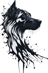 A dog's head illustrate with black and white watercolor