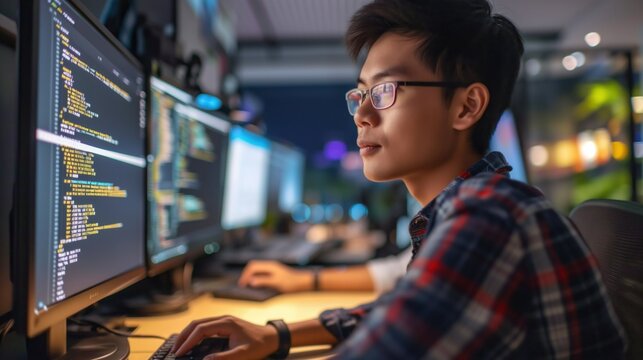Focused young male programmer working on computer code in a dimly lit office space, embodying the theme of technology and innovation