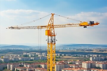 Fototapeta na wymiar Close-up of construction of multi-storey building using cranes on a bright sunny day