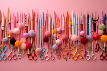 Vibrant shot of school scissors, erasers, and rulers scattered on a light pink surface