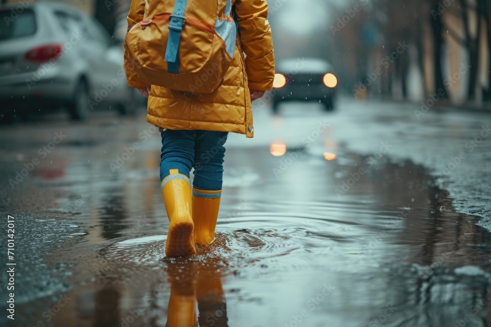 Poster A person walking in the rain with an umbrella. Suitable for various weather-related themes and concepts