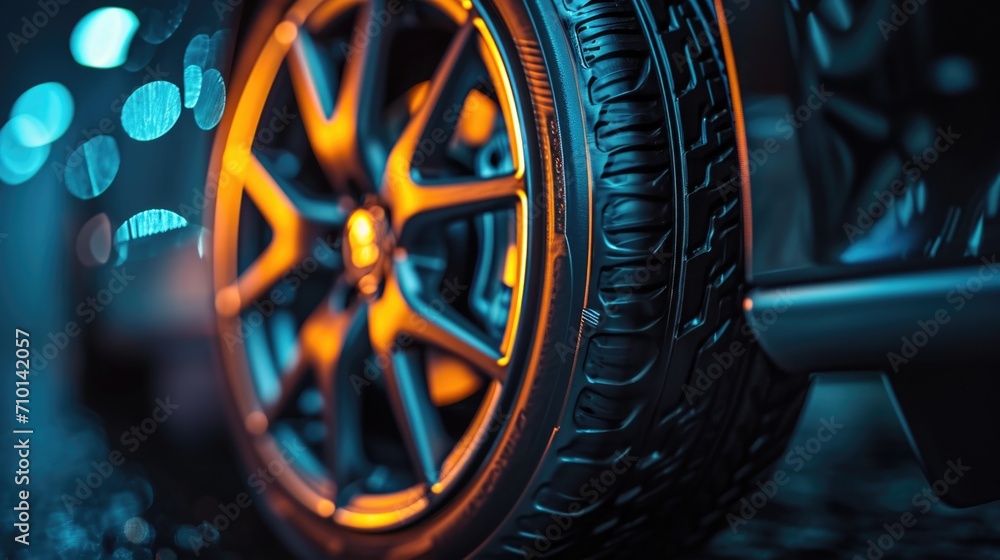 Poster a detailed close-up of a tire on a vehicle. suitable for automotive and transportation-related proje