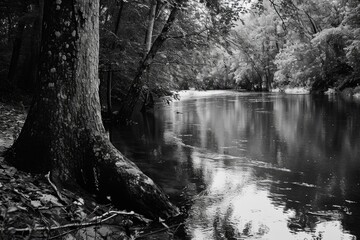 A peaceful black and white photograph capturing a river flowing through a serene forest. Perfect...