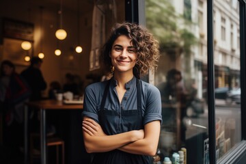 Small Business Owner Woman Standing in Front of a Cafe Restaurant  - Powered by Adobe