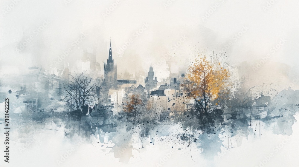 Poster watercolor painting of a city with a clock tower. suitable for various creative projects