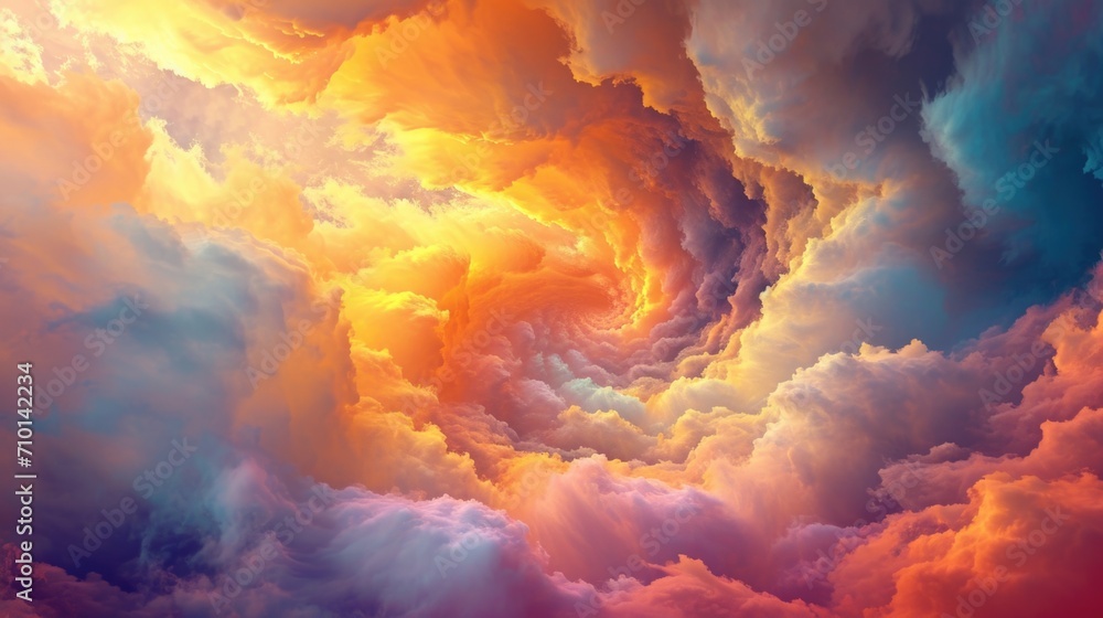 Poster A vibrant sky filled with colorful clouds. This picture can be used to add a touch of beauty and serenity to various projects