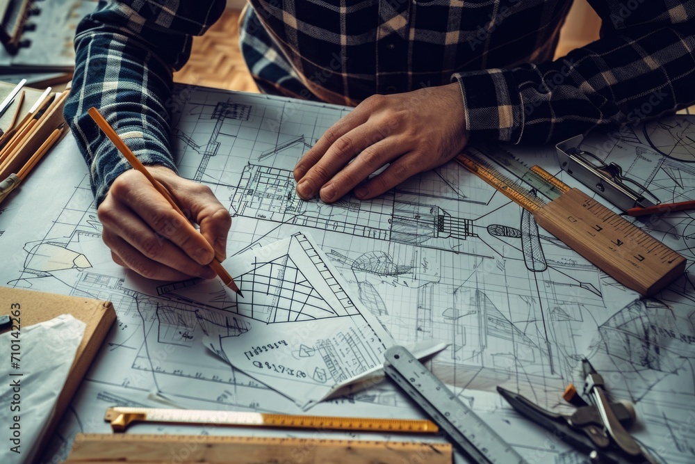 Poster a person sitting at a table with a pencil and paper. this image can be used for various purposes