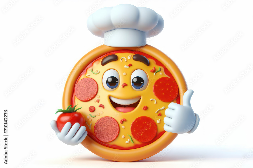 Poster 3d pizza character with a smiling face on a white background. ai generative