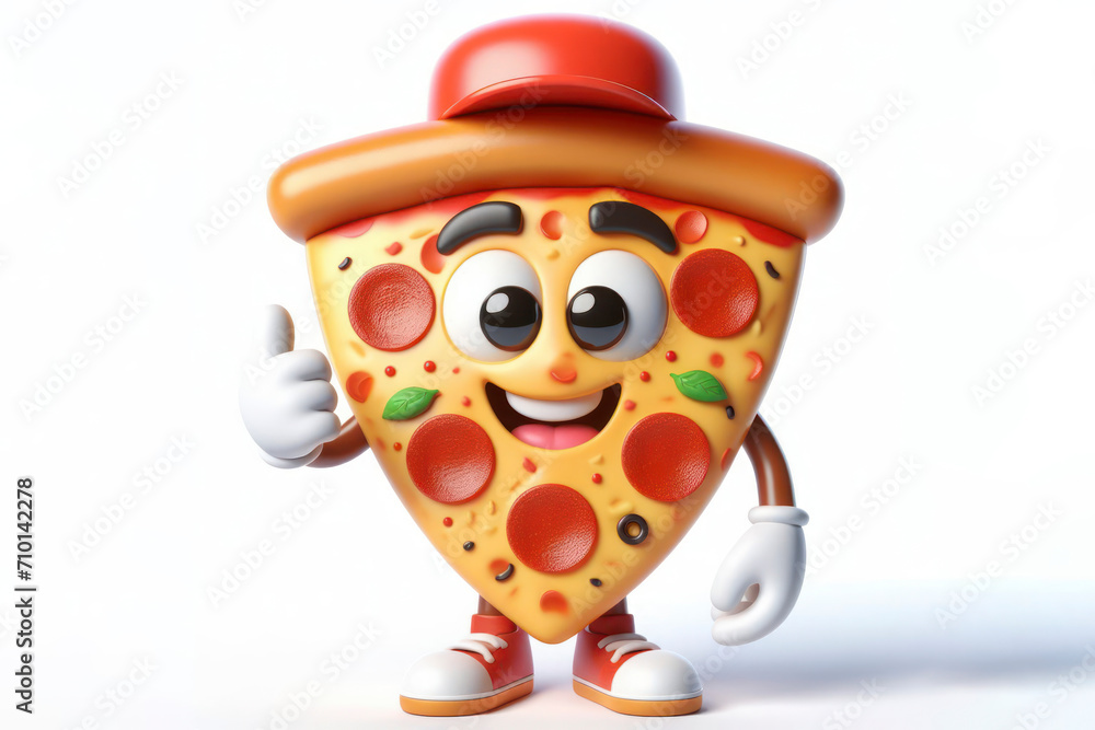 Poster 3d pizza character with a smiling face on a white background. ai generative