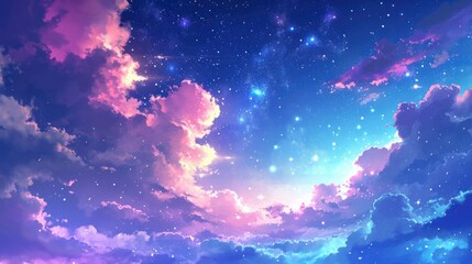 Beautiful clouds in the sky, galaxy background with stars, night scene. manga style generative ai