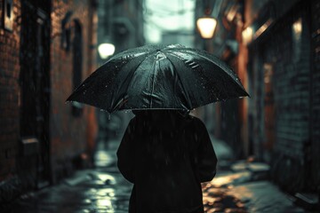 A person standing in the rain, holding an umbrella. Perfect for illustrating protection from the elements. - obrazy, fototapety, plakaty