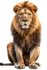 A lion sitting on the ground and staring directly at the camera. Suitable for wildlife photography or animal-themed designs