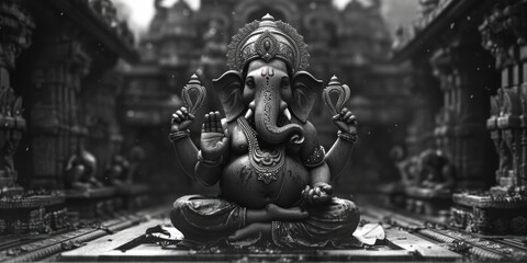 A black and white photo capturing the majestic statue of an elephant. This photo can be used to add...