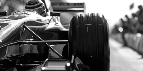 A black and white photo of a racing car. Suitable for automotive enthusiasts and sports-related...