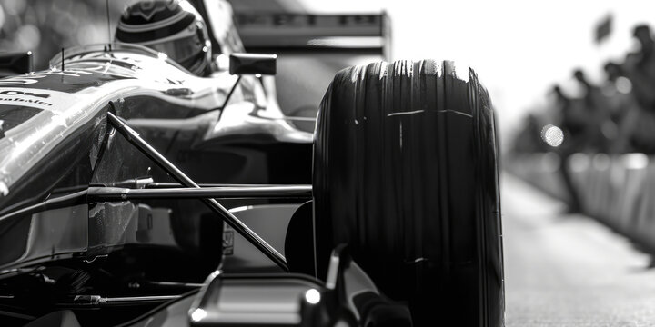 Fototapeta A black and white photo of a racing car. Suitable for automotive enthusiasts and sports-related projects
