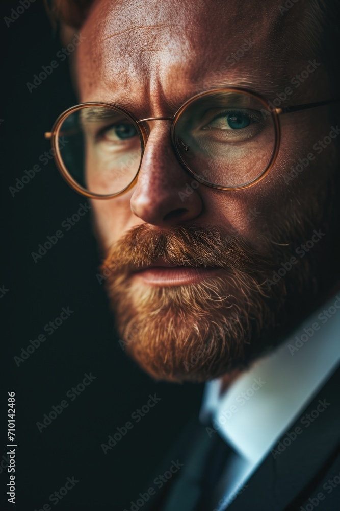 Poster A close-up image of a man with glasses and a beard. This picture can be used for various purposes