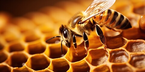 close up of a honey bee on honeycomb - obrazy, fototapety, plakaty