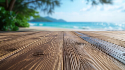 new brown matte oak texture laminate flooring, blurred beach scene background, macro shot, focus on laminate flooring. - obrazy, fototapety, plakaty