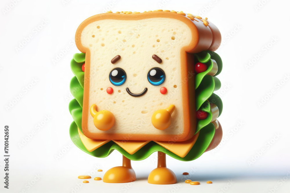 Poster 3d sandwich character with a smiling face on a white background. ai generative