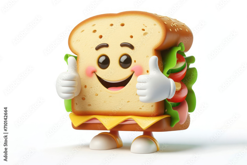 Poster 3d sandwich character with a smiling face on a white background. ai generative