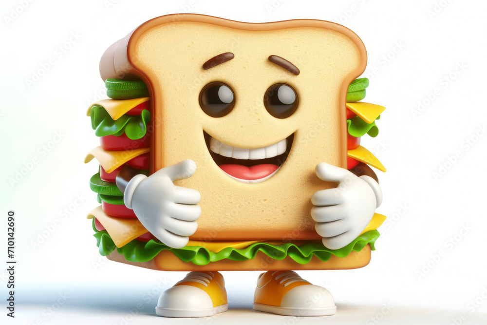 Poster 3d sandwich character with a smiling face on a white background. ai generative