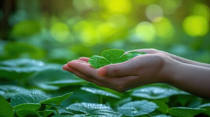 Wellness and Healing, Hand Holding Gotu Kola in a Serene Natural Setting, Calm, Green Background, Focus on Healing and Balance