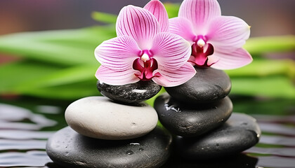 Freshness and beauty in nature, a pink orchid generated by AI